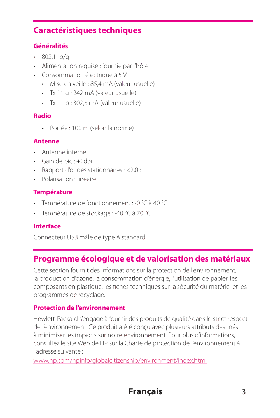 HP 802.11 b/g Adapter manual Caractéristiques techniques, Programme écologique et de valorisation des matériaux, Français3 