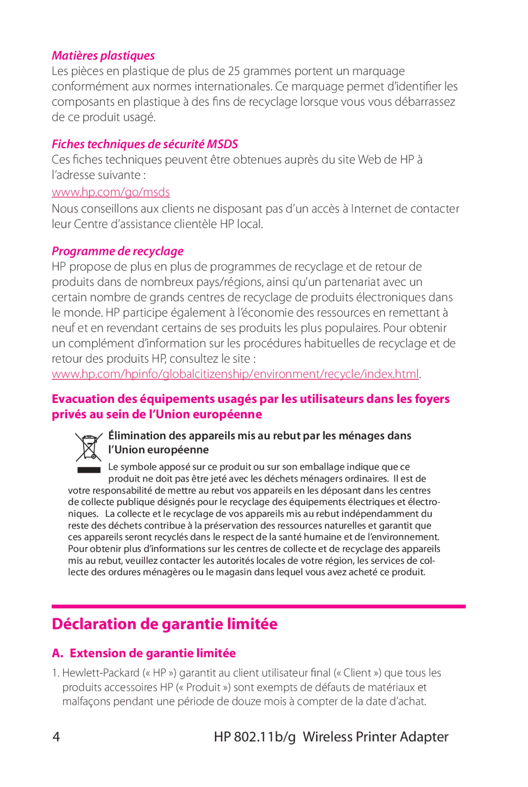 HP 802.11 b/g Adapter manual Déclaration de garantie limitée, Matières plastiques, Fiches techniques de sécurité Msds 