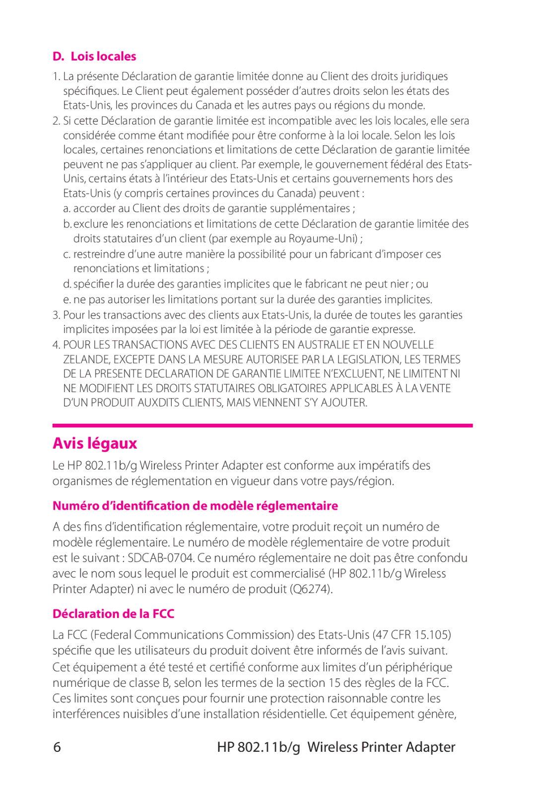 HP 802.11 b/g Adapter Avis légaux, Lois locales, Numéro d’identification de modèle réglementaire, Déclaration de la FCC 