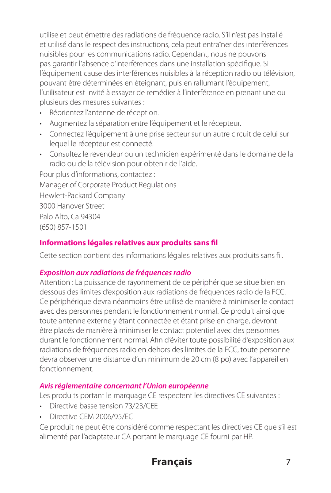 HP 802.11 b/g Adapter manual Français7, Informations légales relatives aux produits sans fil 