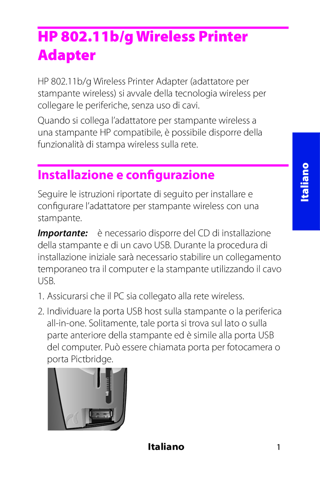 HP 802.11 b/g Adapter manual Installazione e configurazione, Italiano1 