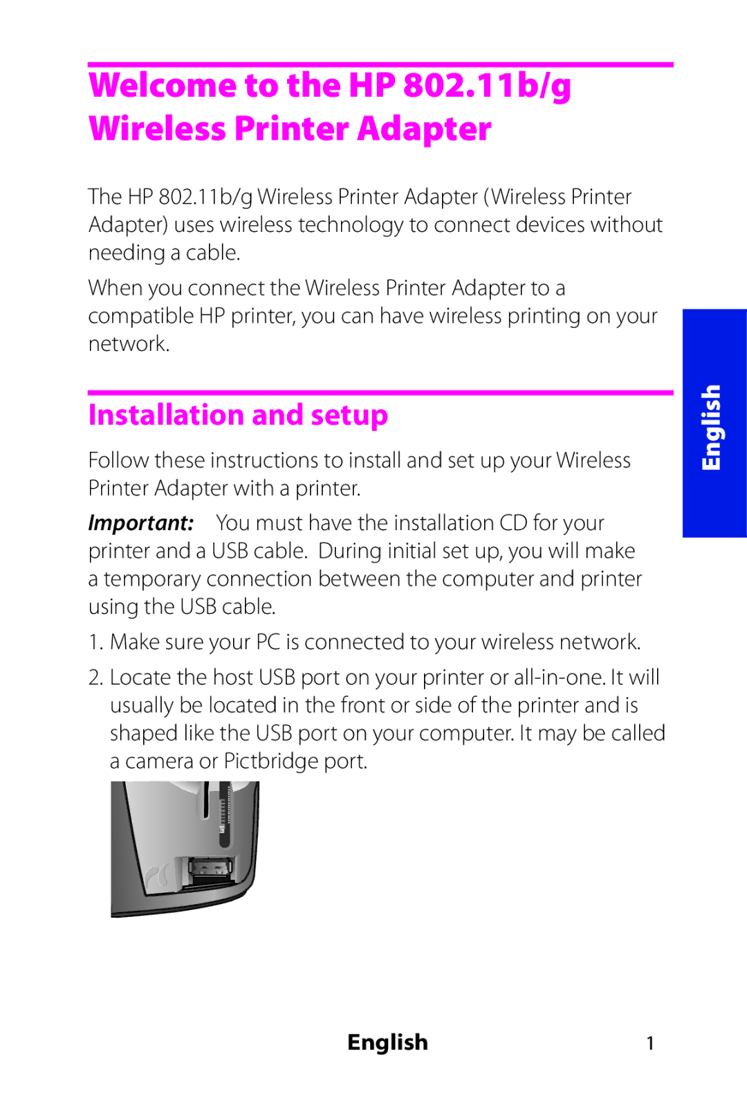 HP 802.11 b/g Adapter manual Installation and setup, English1 