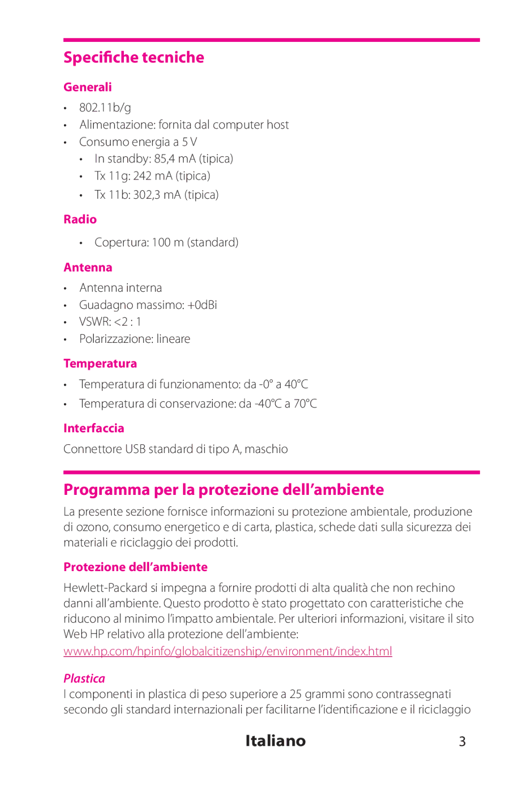 HP 802.11 b/g Adapter manual Specifiche tecniche, Programma per la protezione dell’ambiente, Italiano3, Plastica 