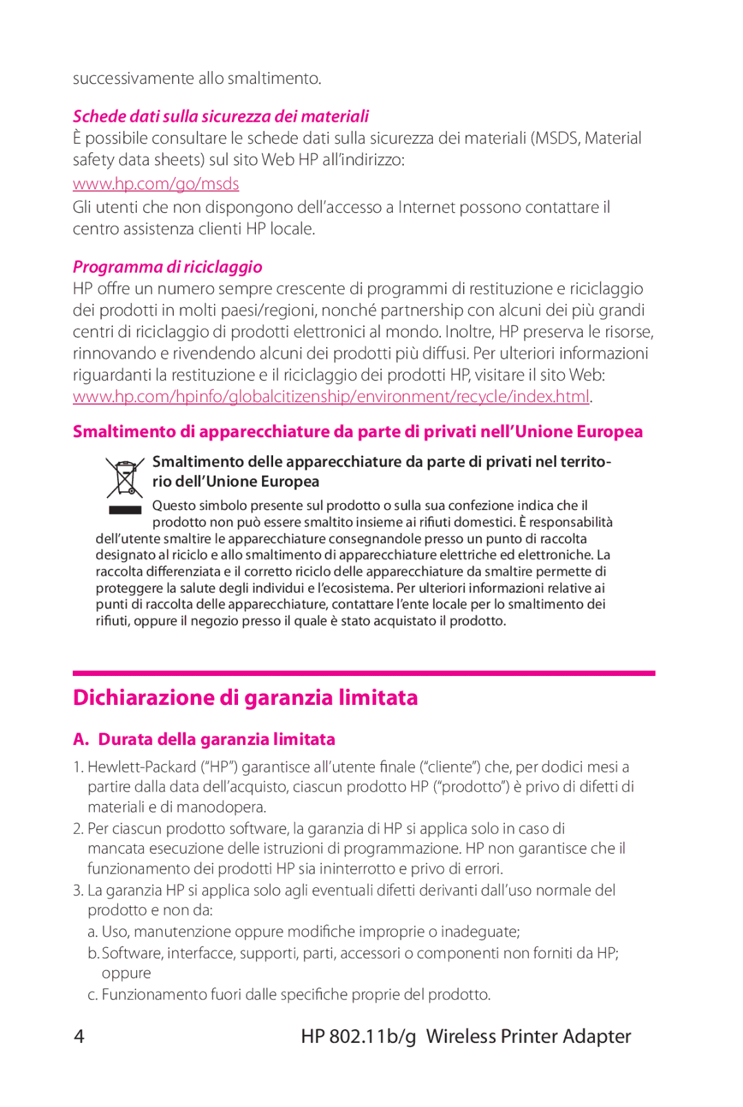 HP 802.11 b/g Adapter manual Dichiarazione di garanzia limitata, Schede dati sulla sicurezza dei materiali 