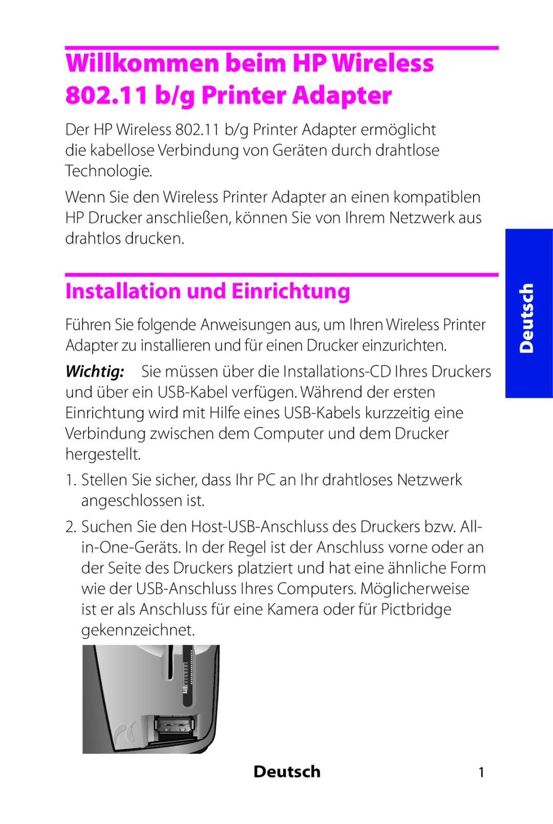 HP 802.11 b/g Adapter manual Installation und Einrichtung, Deutsch1 