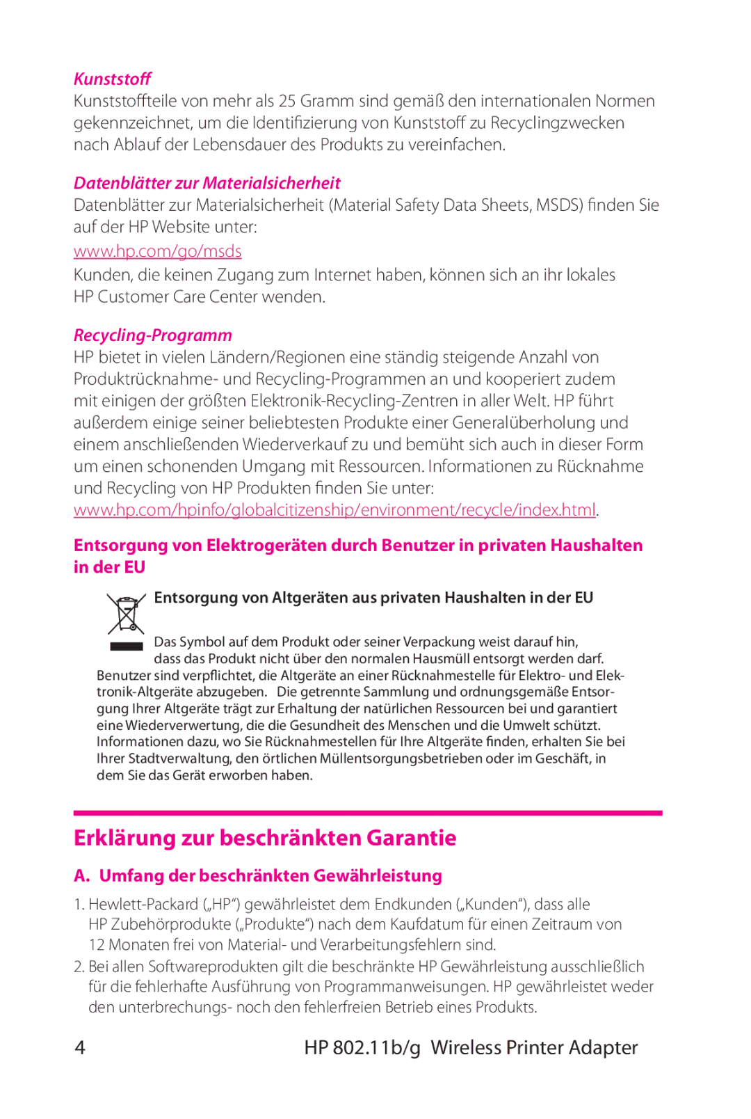 HP 802.11 b/g Adapter manual Erklärung zur beschränkten Garantie, Kunststoff, Datenblätter zur Materialsicherheit 