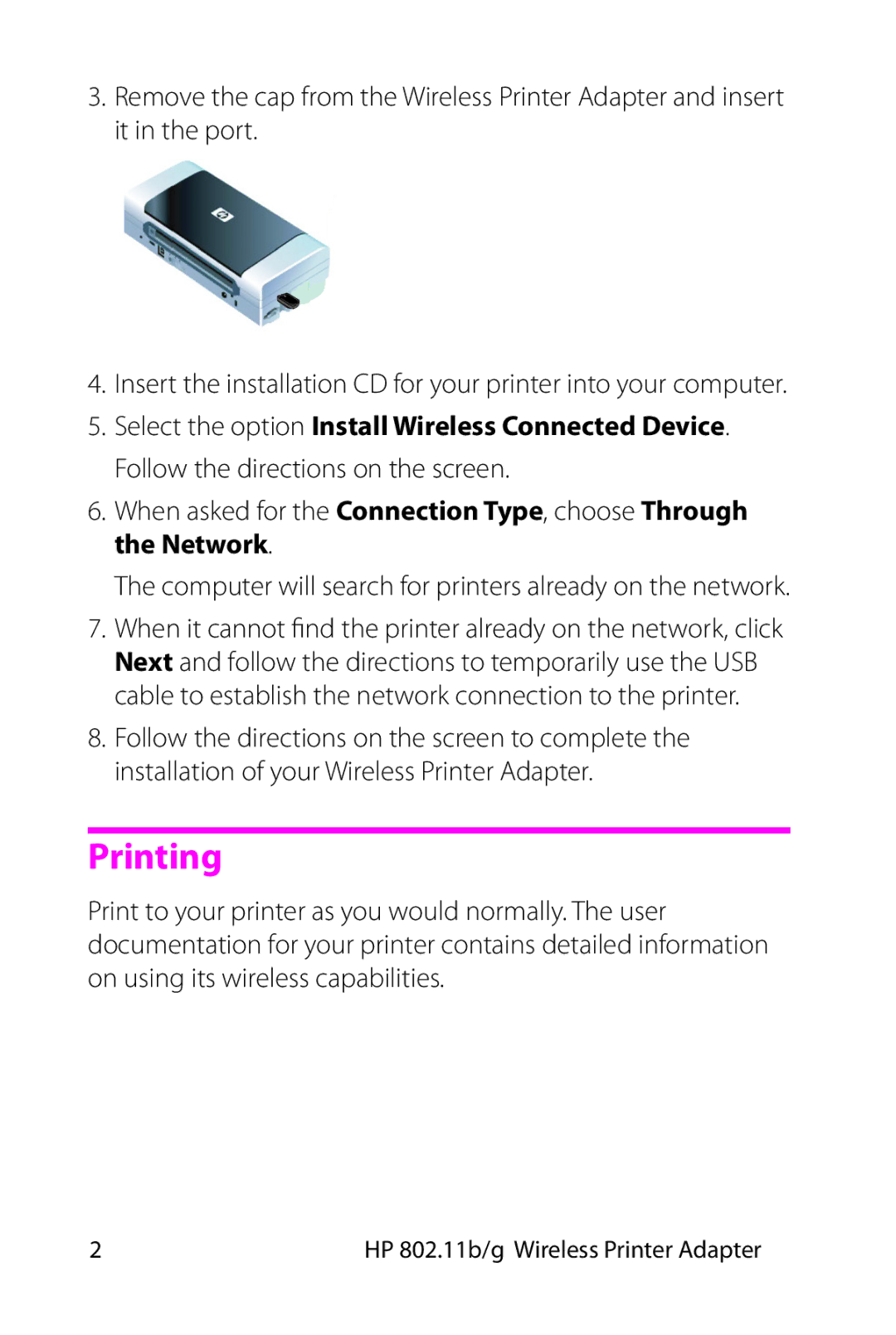 HP 802.11 b/g Adapter manual Printing 