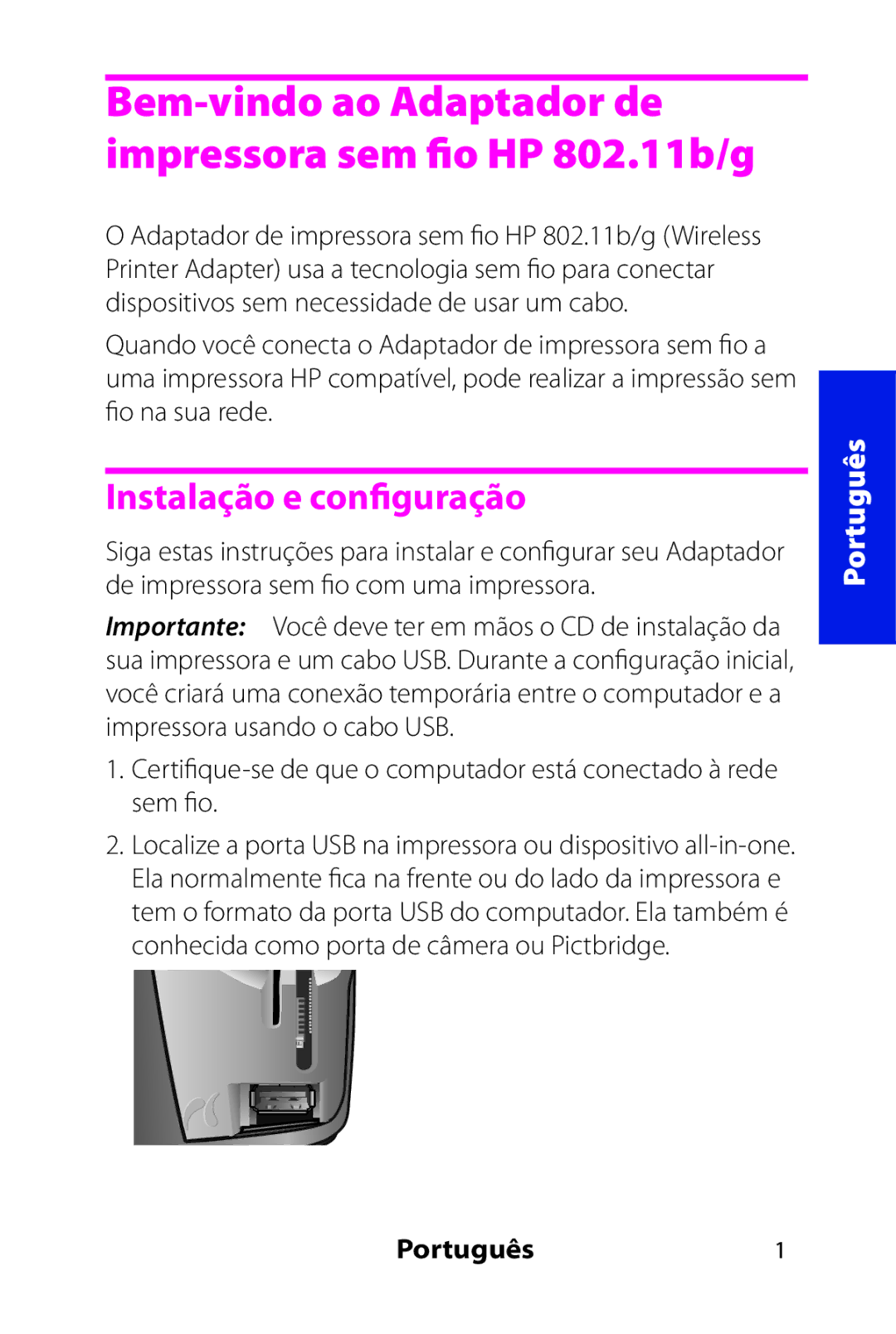 HP 802.11 b/g Adapter manual Instalação e configuração, Português1 