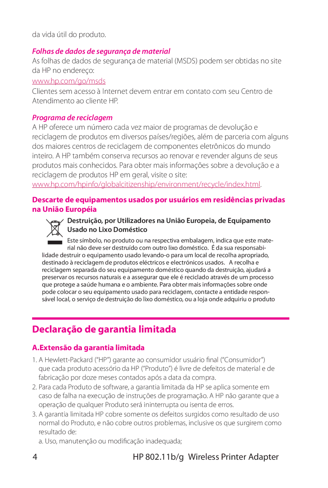 HP 802.11 b/g Adapter Declaração de garantia limitada, Folhas de dados de segurança de material, Programa de reciclagem 