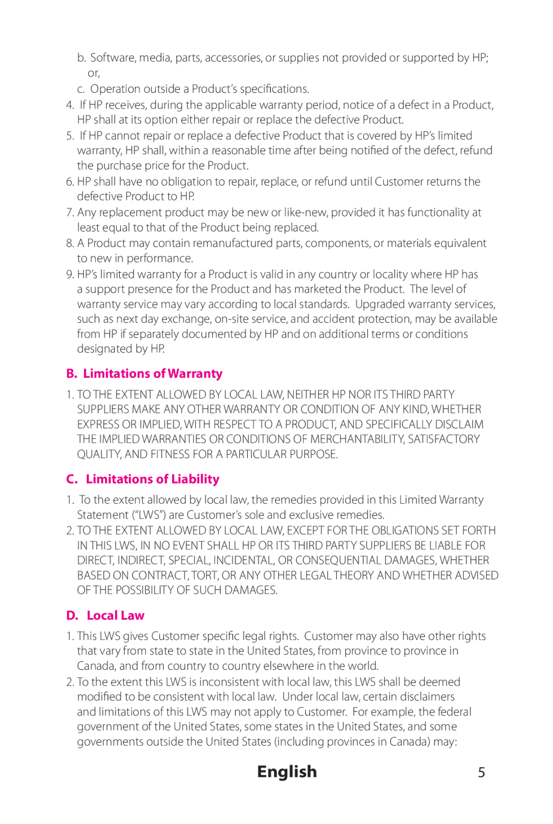 HP 802.11 b/g Adapter manual English5, Limitations of Warranty, Limitations of Liability, Local Law 