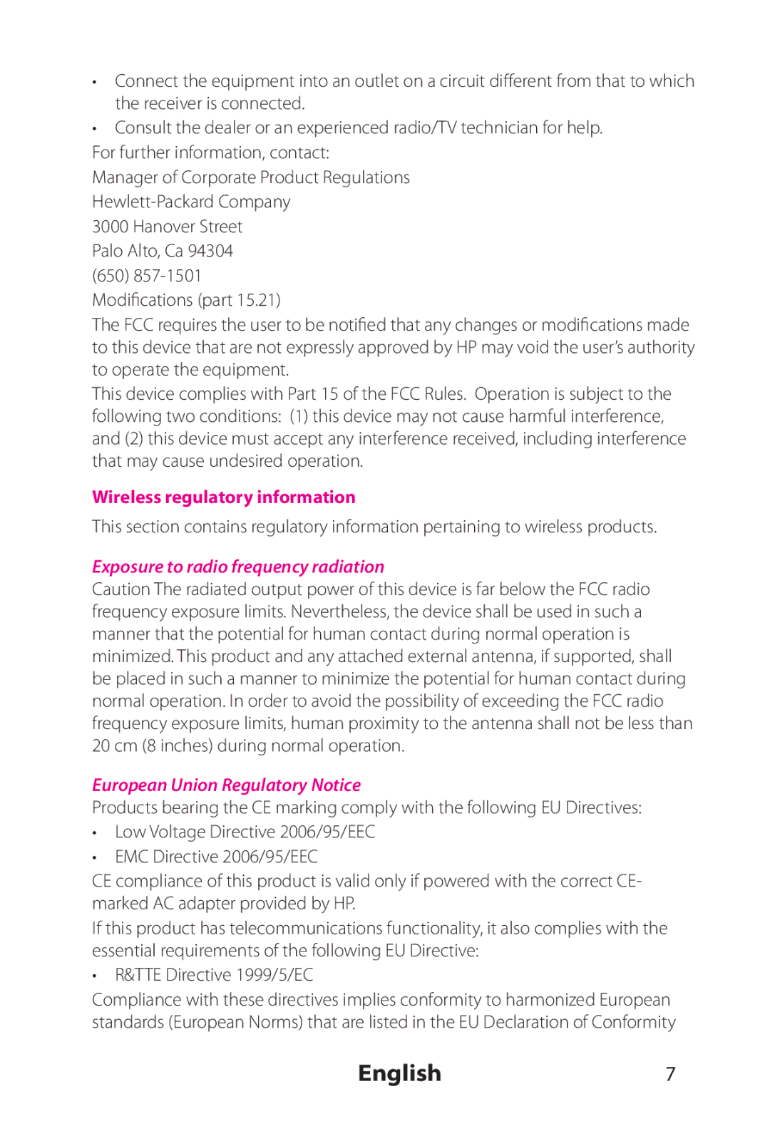 HP 802.11 b/g Adapter manual English7, Wireless regulatory information 
