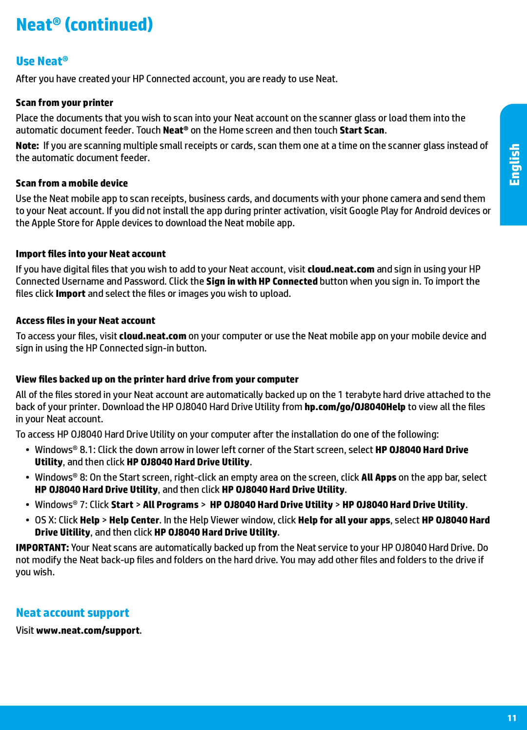 HP 8040 with Neat manual Use Neat, Neat account support, Scan from your printer, Scan from a mobile device 