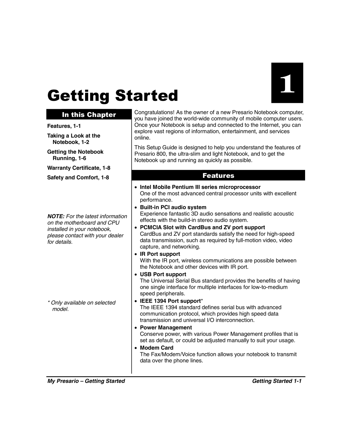 HP 80XL302 manual This Chapter, Features, My Presario Getting Started 