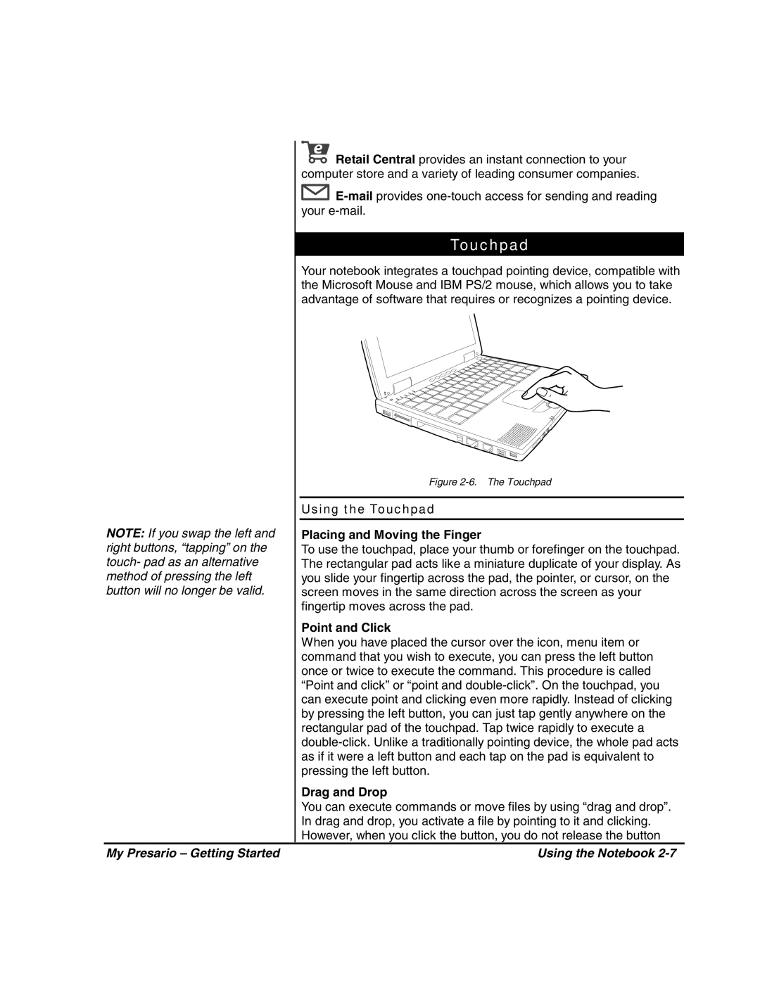 HP 80XL302 manual Using the Touchpad Placing and Moving the Finger, Point and Click, Drag and Drop 