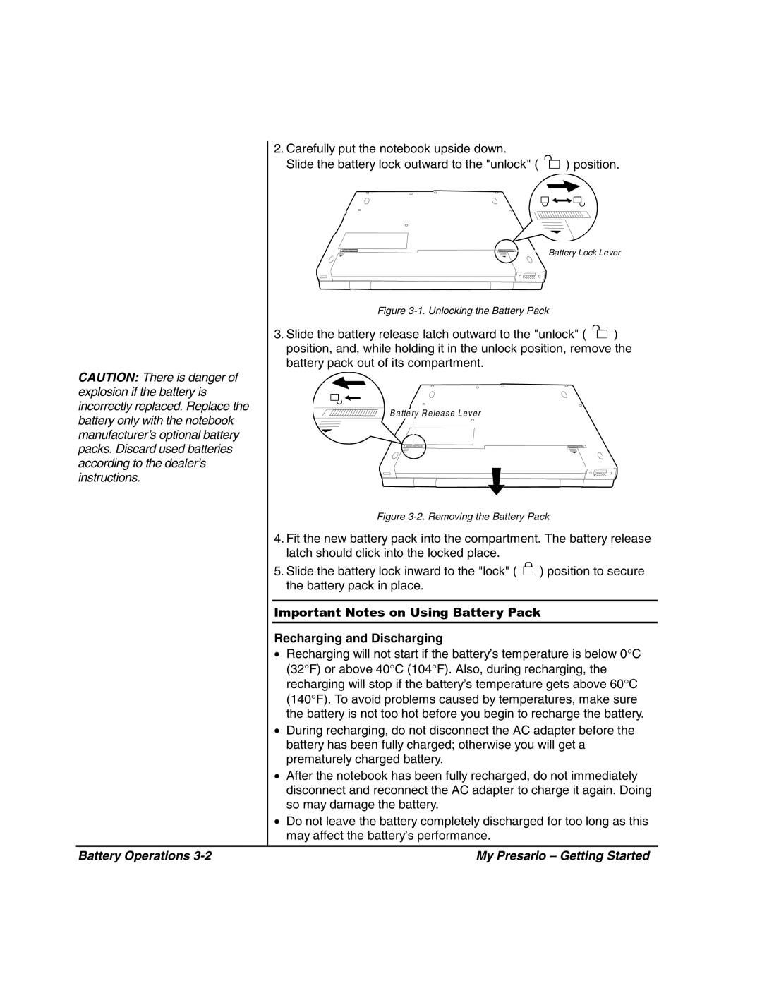 HP 80XL302 manual Battery Operations My Presario Getting Started, Unlocking the Battery Pack 