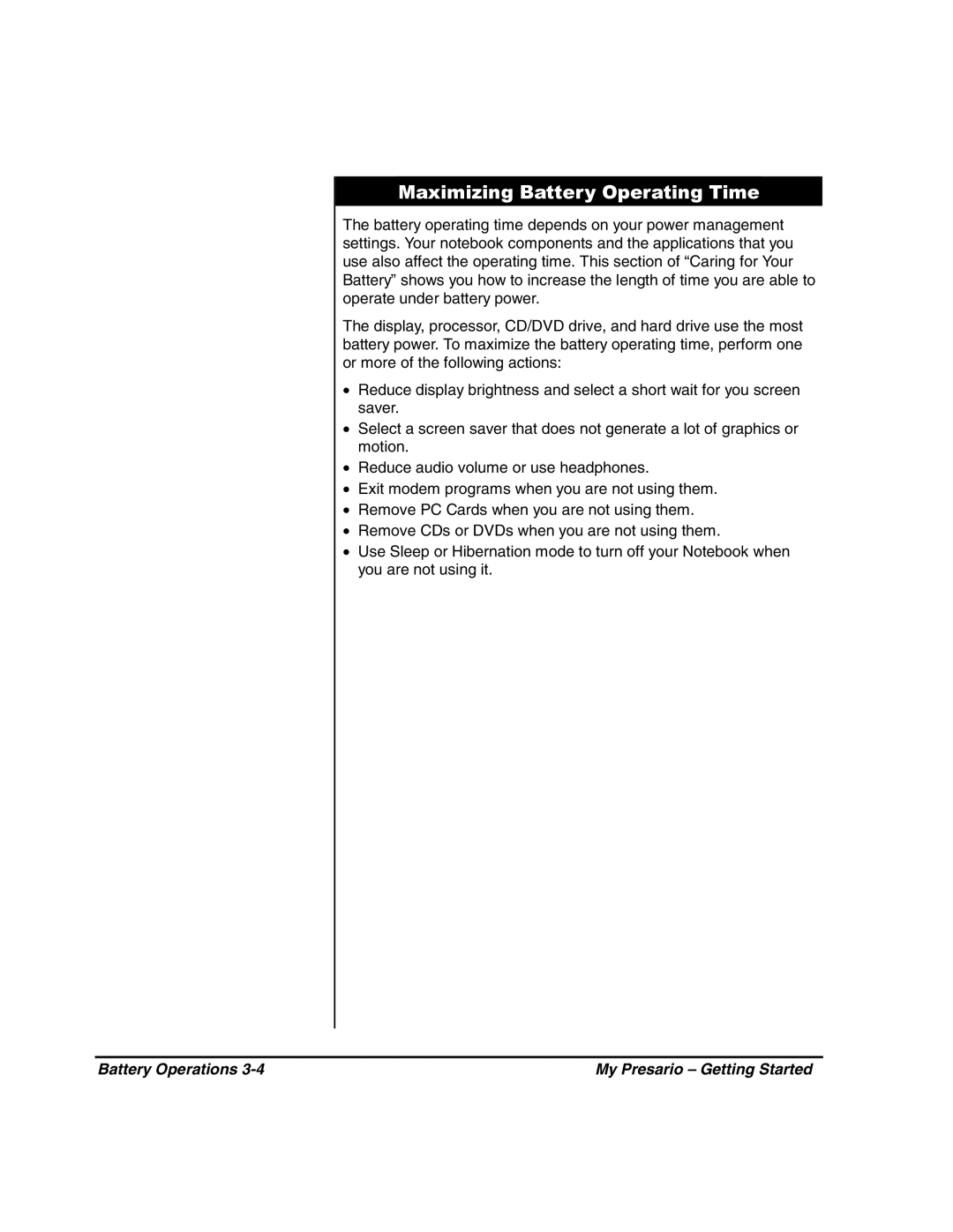 HP 80XL302 manual Maximizing Battery Operating Time 