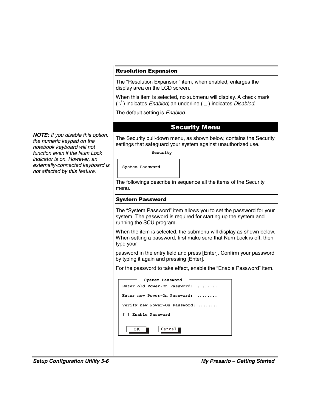 HP 80XL302 manual Security Menu, Resolution Expansion, System Password 