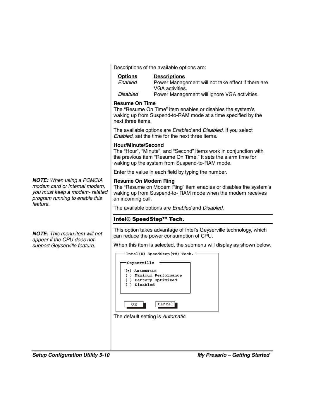 HP 80XL302 manual Options Descriptions, Resume On Time, Hour/Minute/Second, Resume On Modem Ring, Intel SpeedStep Tech 