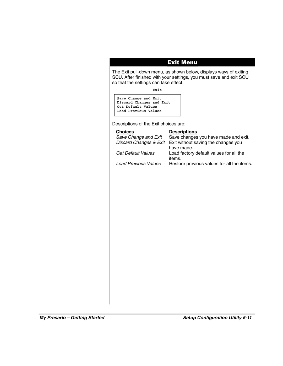 HP 80XL302 manual Exit Menu, Choices Descriptions 