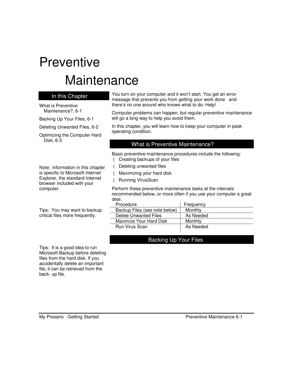 HP 80XL302 manual What is Preventive Maintenance?, Backing Up Your Files, Using Microsoft Backup 