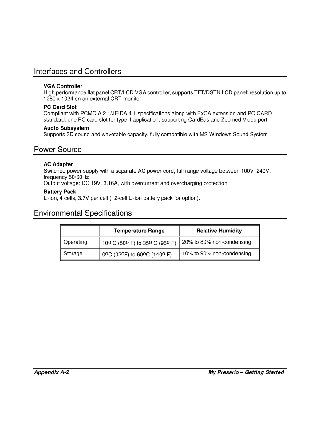 HP 80XL302 manual VGA Controller, Audio Subsystem, AC Adapter, Temperature Range Relative Humidity 