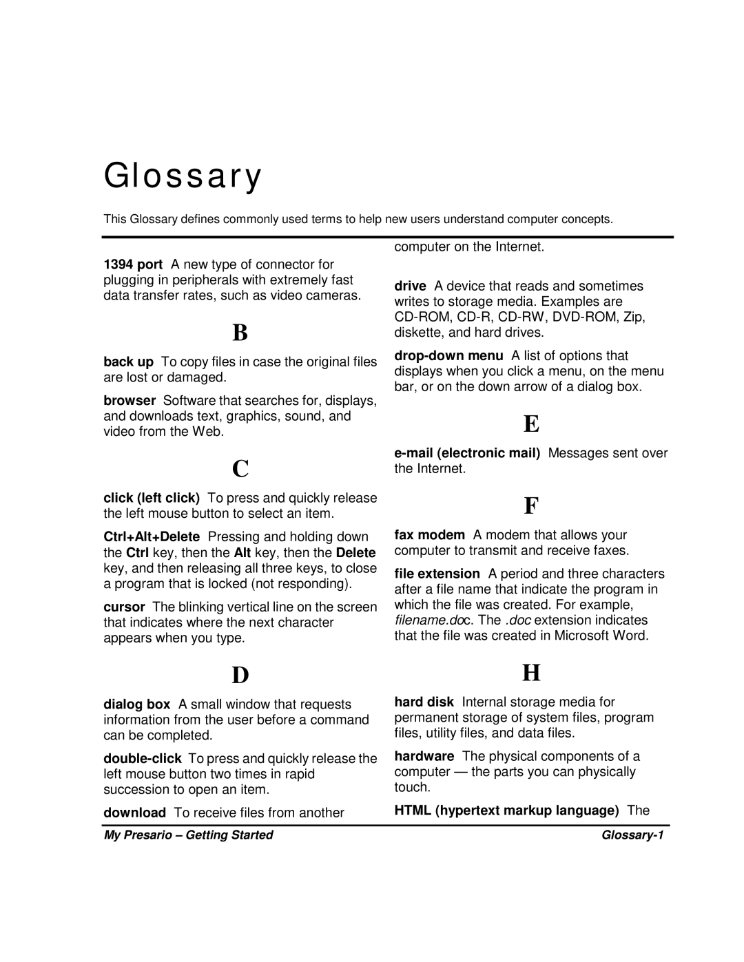 HP 80XL302 manual My Presario Getting Started Glossary-1 