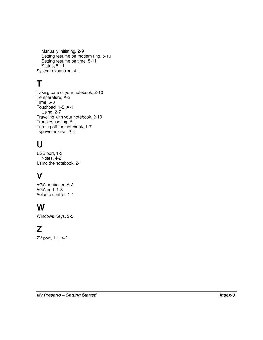 HP 80XL302 manual My Presario Getting Started Index-3 