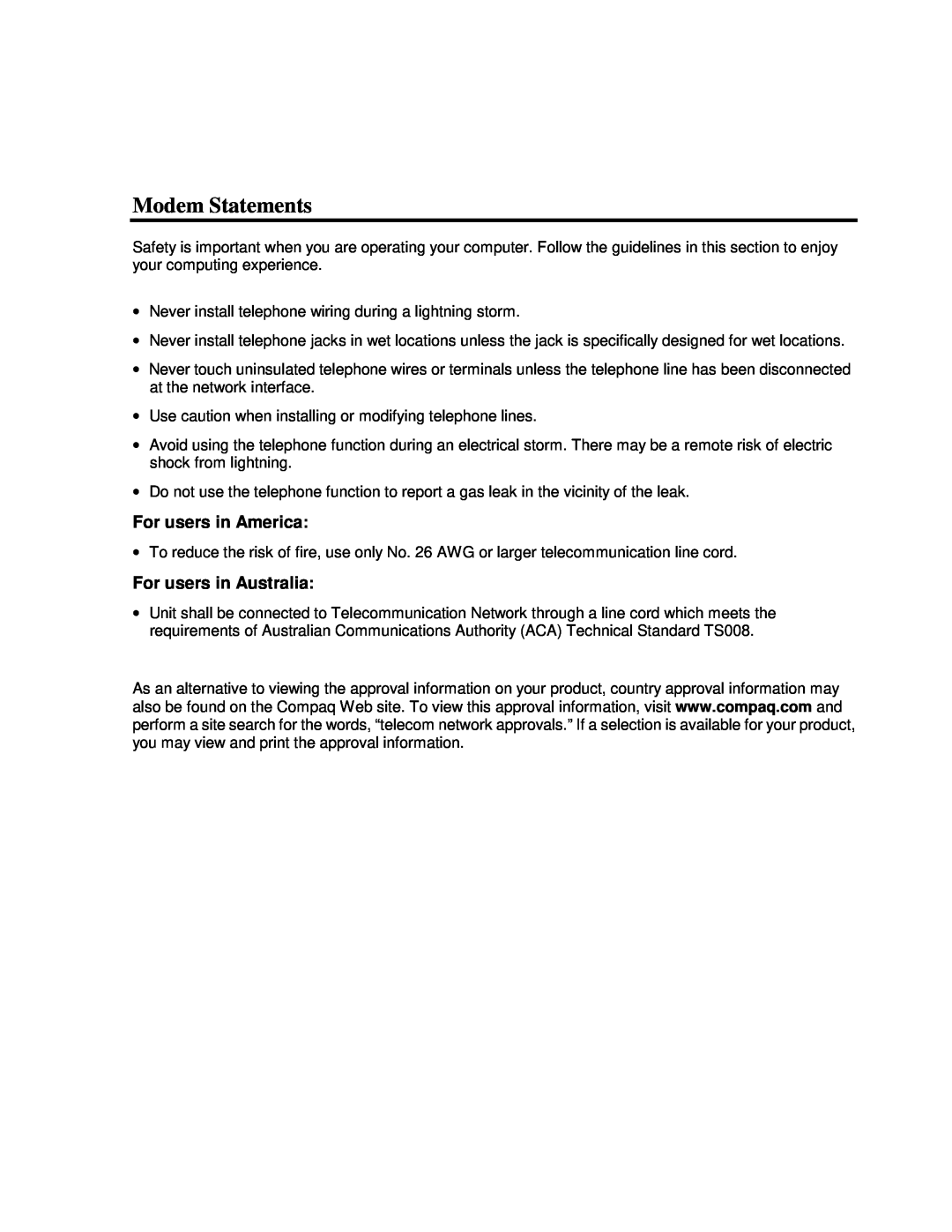 HP 80XL302 manual Modem Statements, For users in America, For users in Australia 