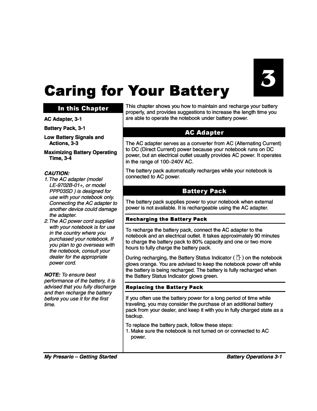 HP 80XL302 manual Caring for Your Battery, AC Adapter, Battery Pack, In this Chapter, Maximizing Battery Operating Time 