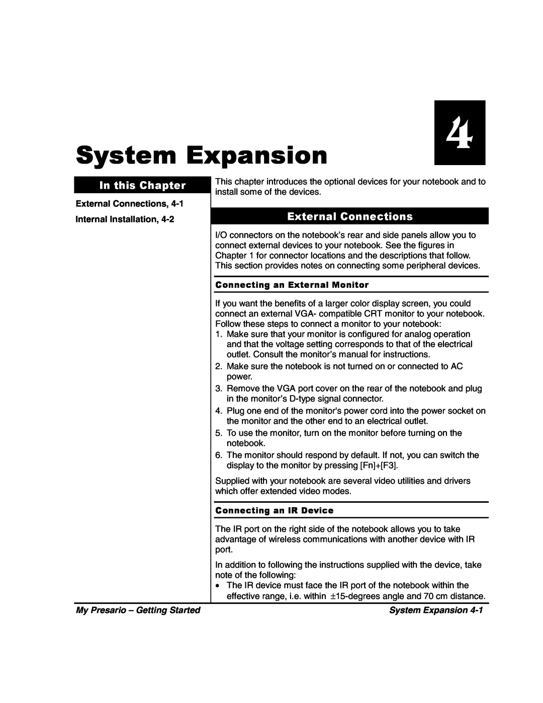 HP 80XL302 System Expansion, In this Chapter, External Connections, 4-1 Internal Installation, Connecting an IR Device 