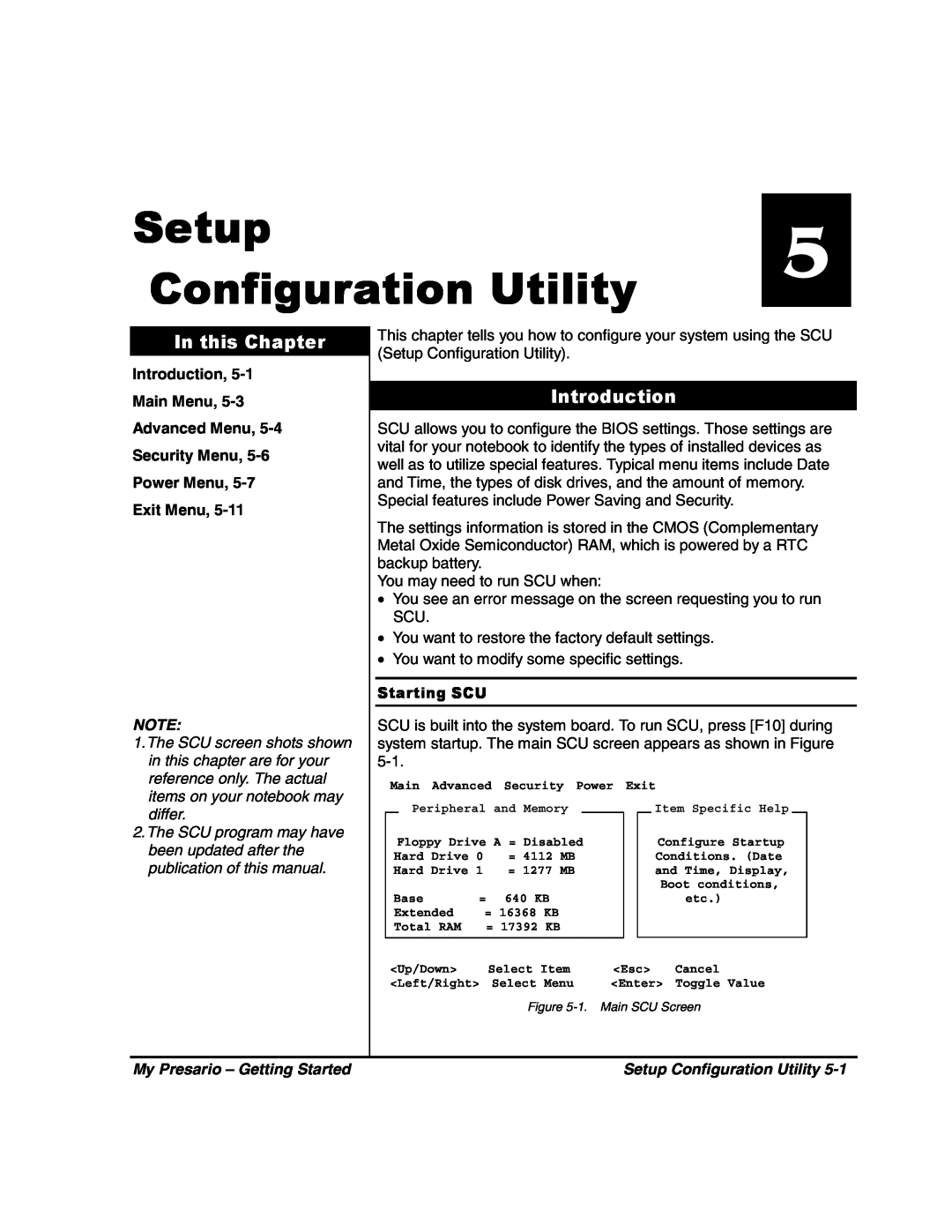 HP 80XL302 manual Setup Configuration Utility, Introduction, In this Chapter, Exit Menu, Starting SCU 