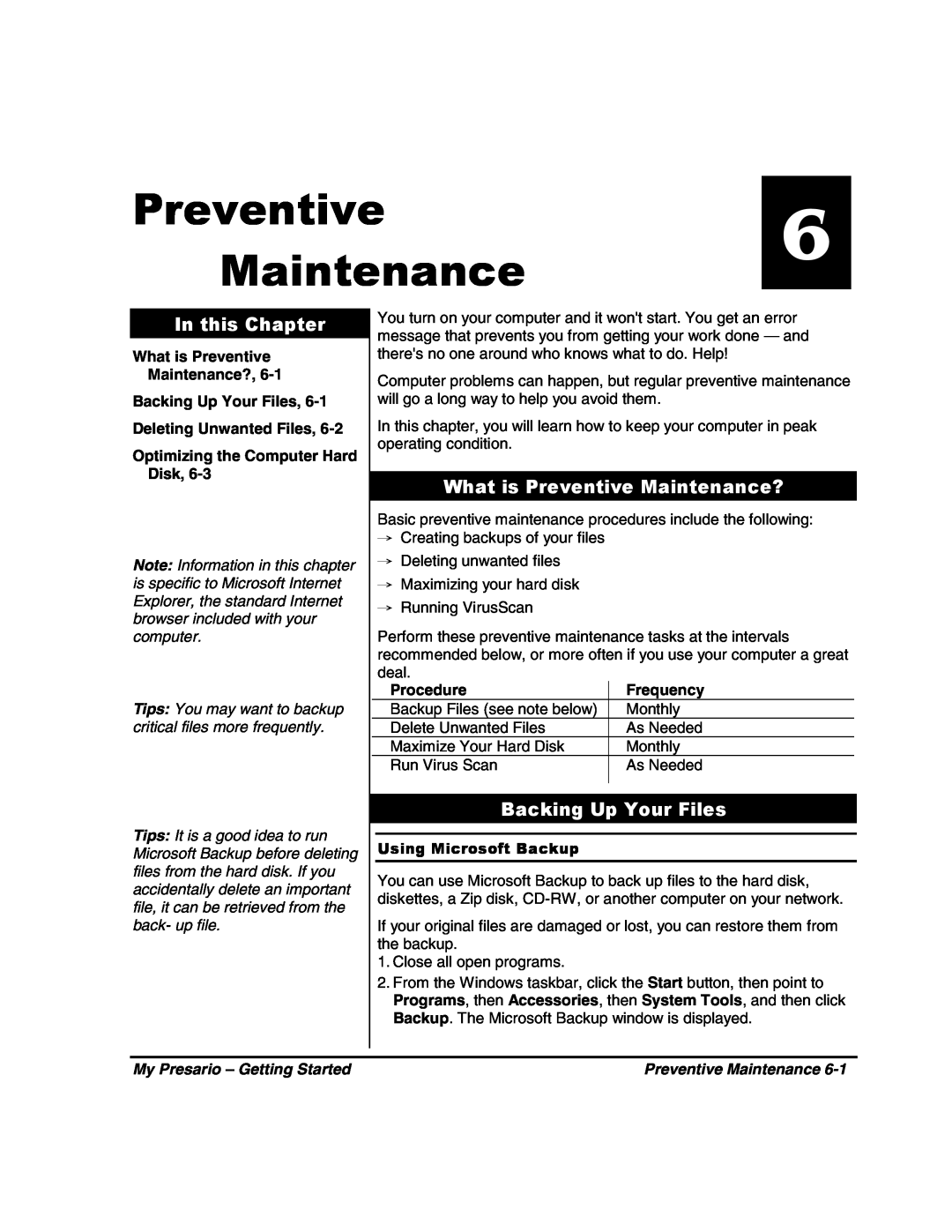 HP 80XL302 manual What is Preventive Maintenance?, Backing Up Your Files, In this Chapter, Procedure, Frequency 