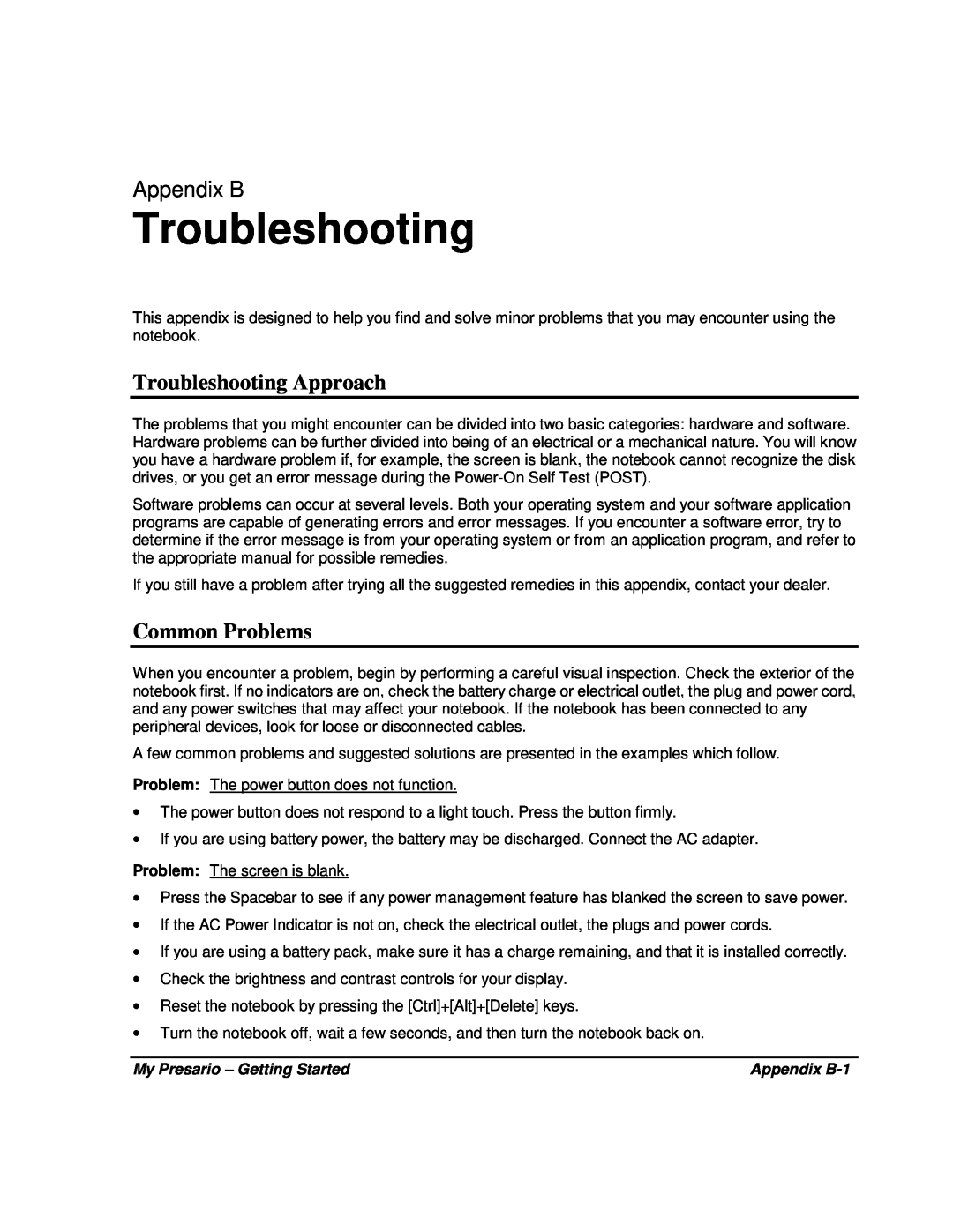 HP 80XL302 manual Troubleshooting Approach, Common Problems, My Presario - Getting Started, Appendix B-1 