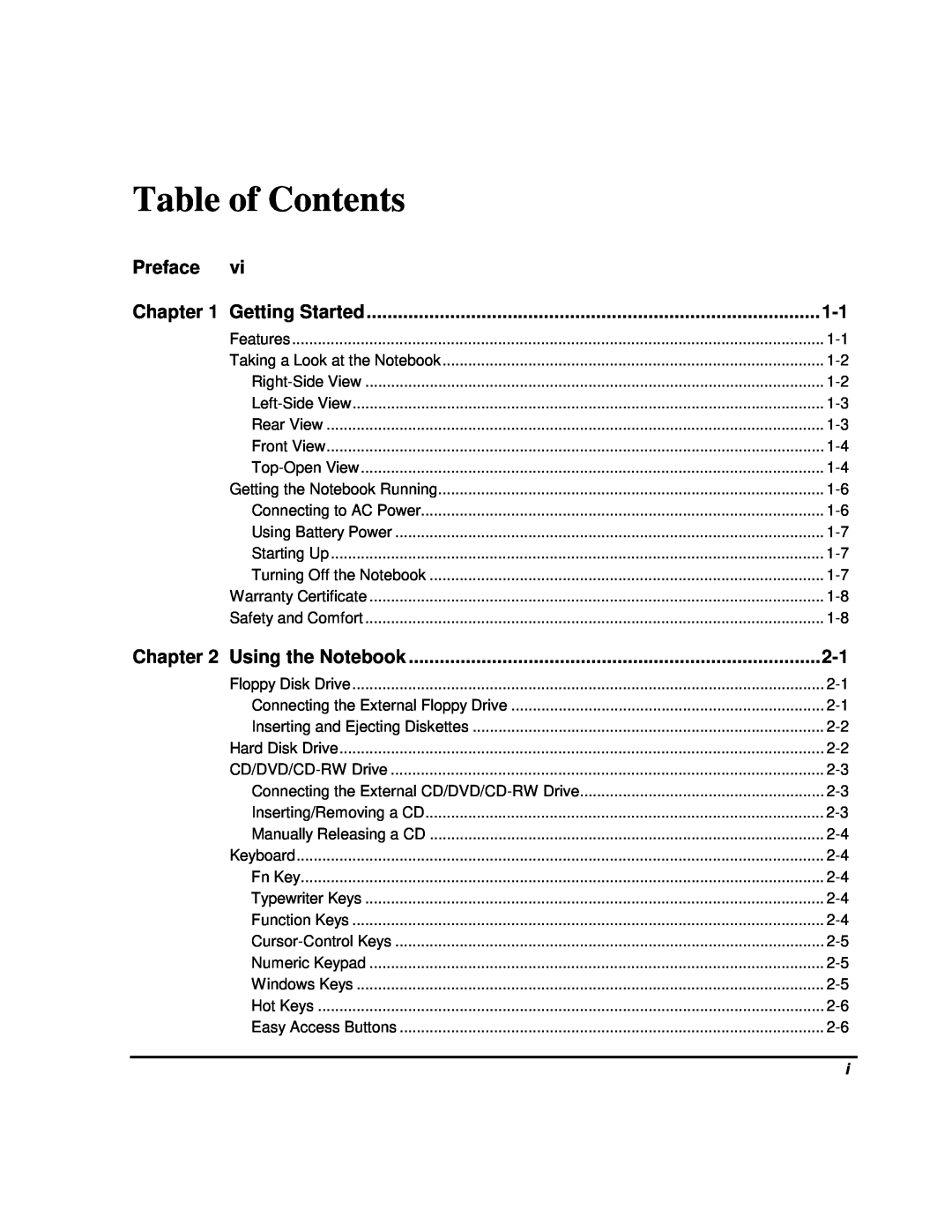 HP 80XL302 manual Table of Contents, Preface, Chapter, Getting Started, Using the Notebook 