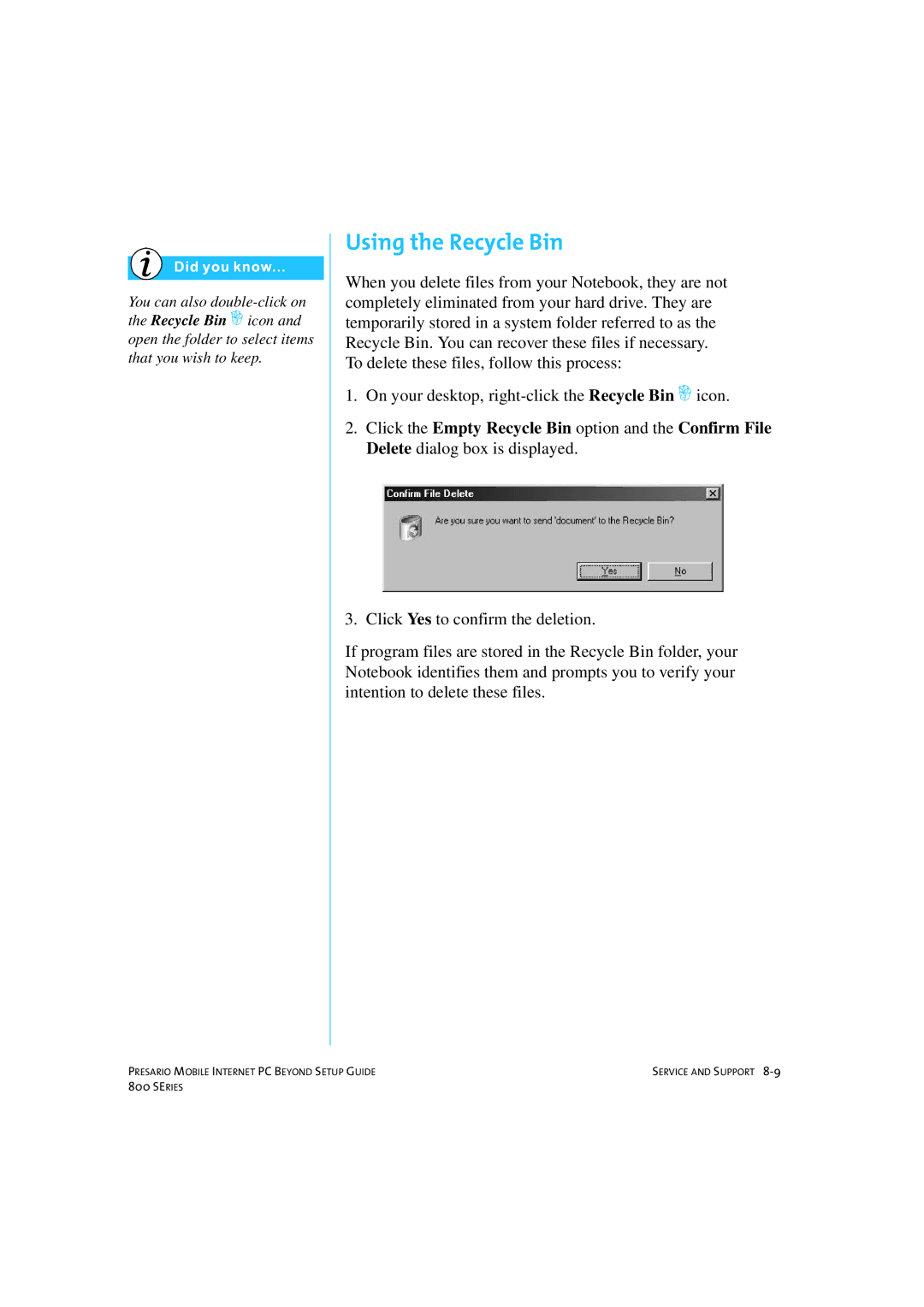 HP 80XL458 manual Using the Recycle Bin 