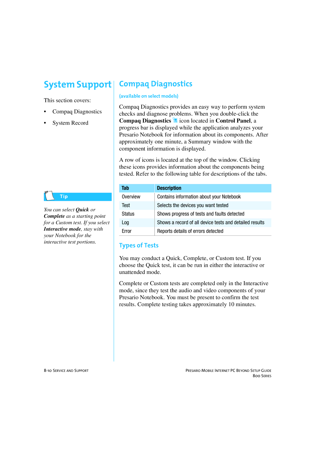 HP 80XL458 manual System Support, Compaq Diagnostics, Types of Tests, Tab Description 