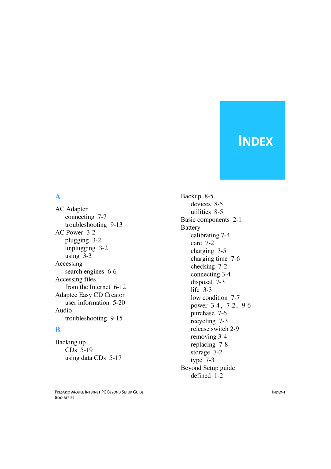 HP 80XL458 manual Index 