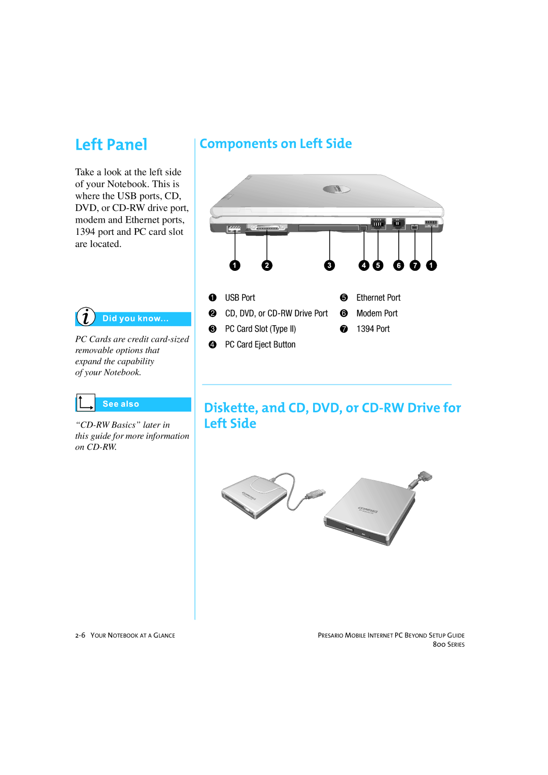 HP 80XL458 manual Left Panel, Components on Left Side, Diskette, and CD, DVD, or CD-RW Drive for Left Side 