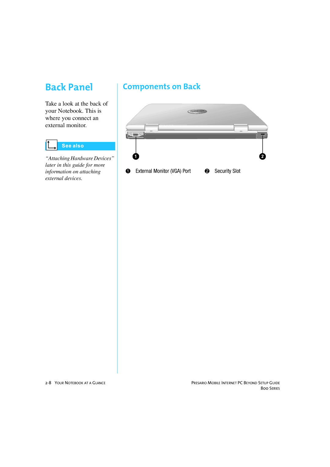 HP 80XL458 manual Back Panel, Components on Back 