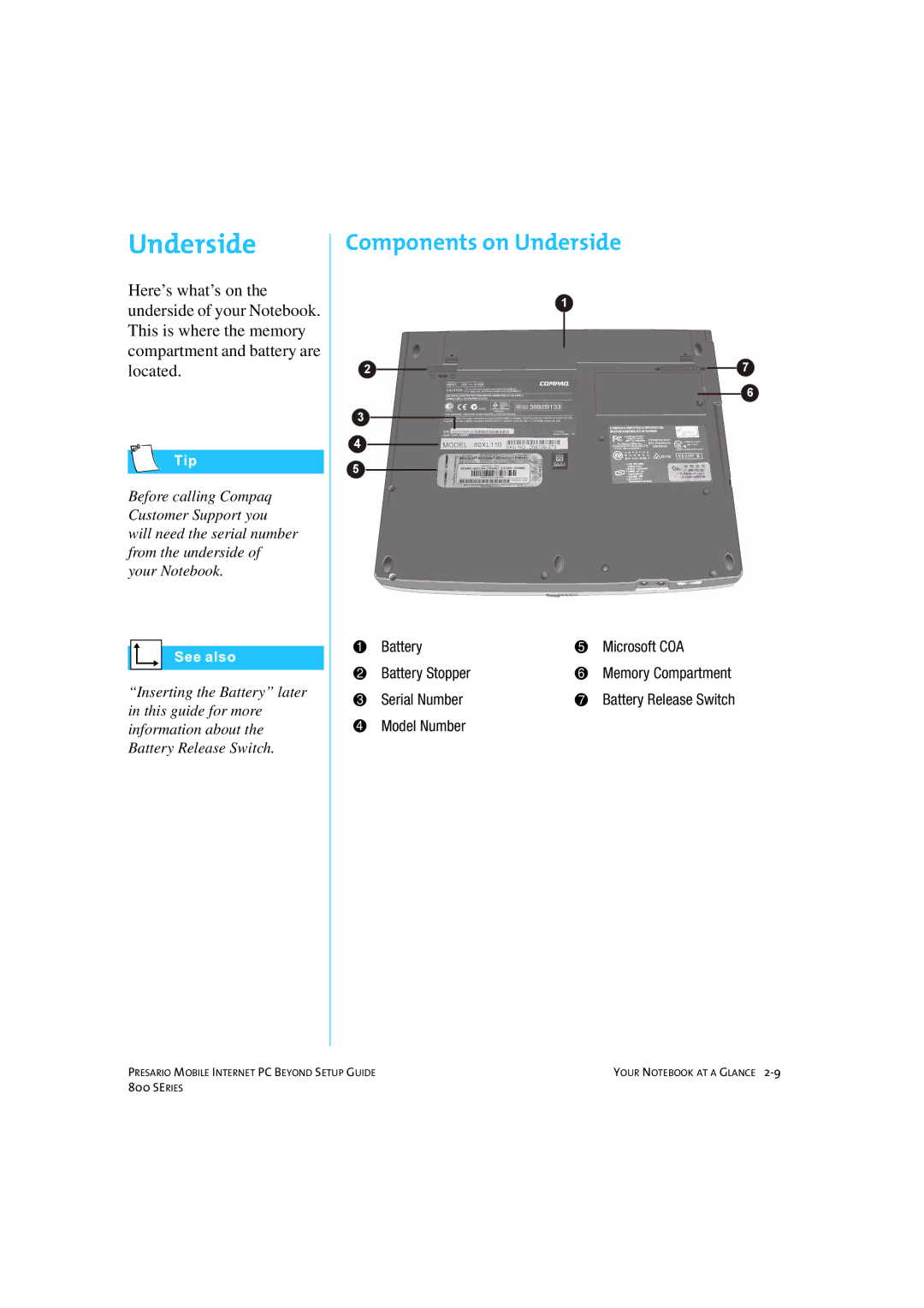 HP 80XL458 manual Components on Underside 