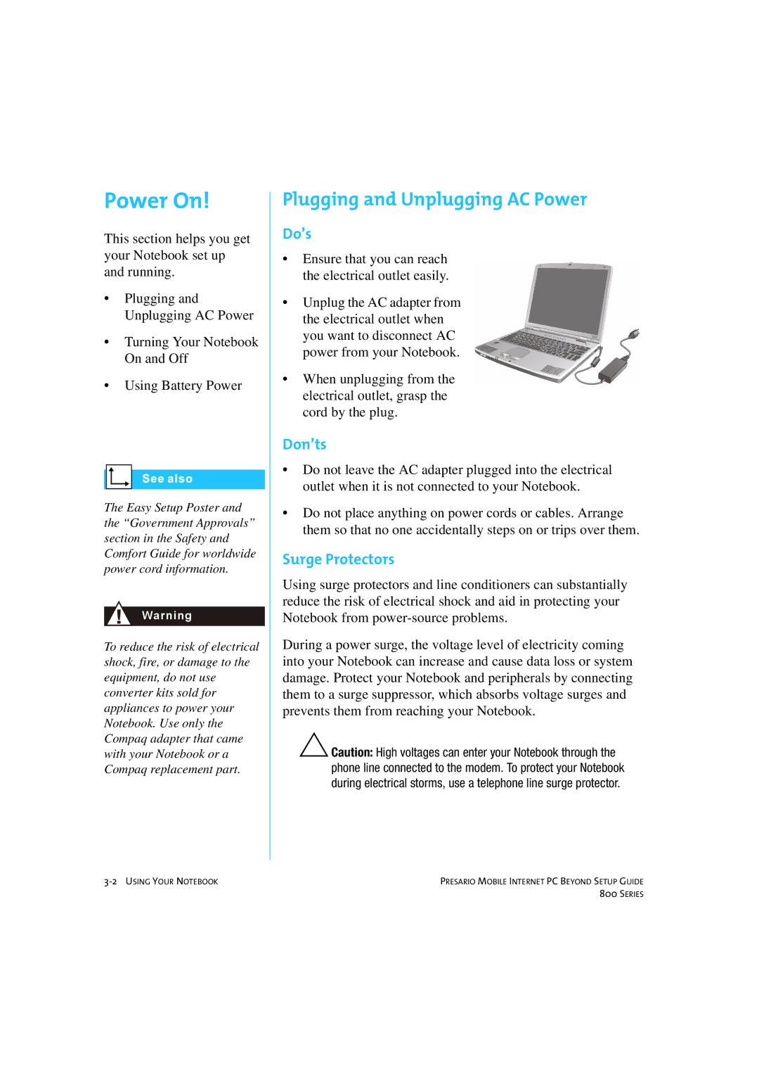 HP 80XL458 manual Power On, Plugging and Unplugging AC Power, Do’s, Don’ts, Surge Protectors 