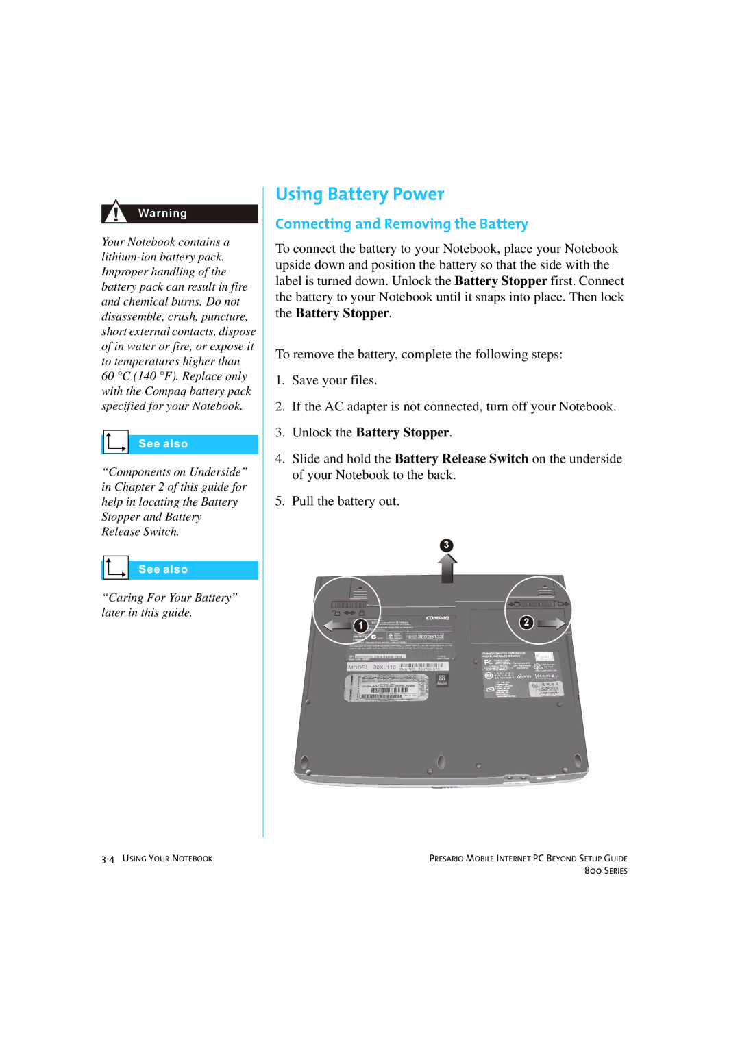 HP 80XL458 manual Using Battery Power, Connecting and Removing the Battery 