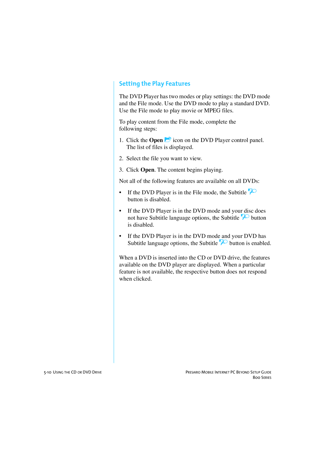 HP 80XL458 manual Setting the Play Features 