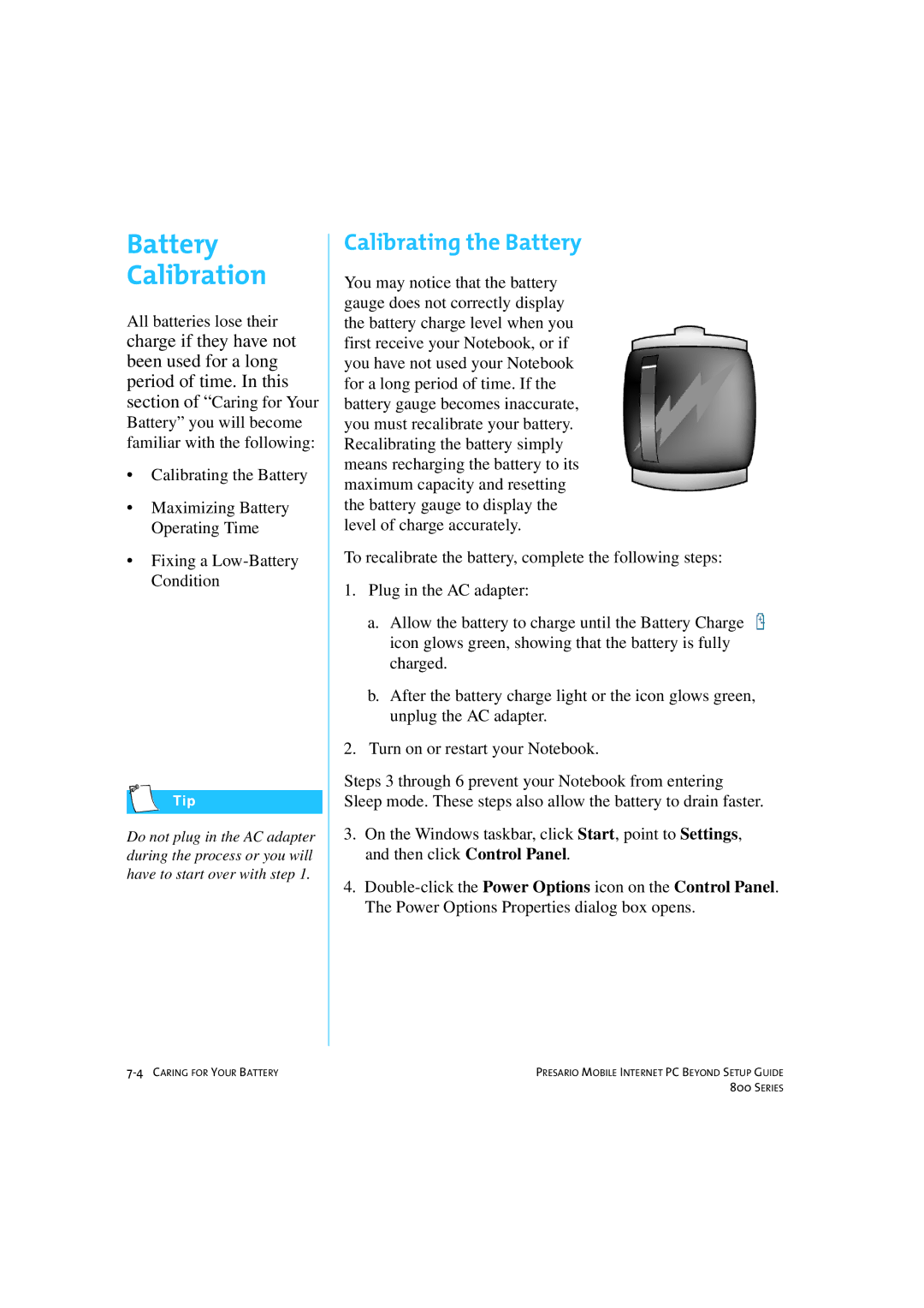 HP 80XL458 manual Battery Calibration, Calibrating the Battery 