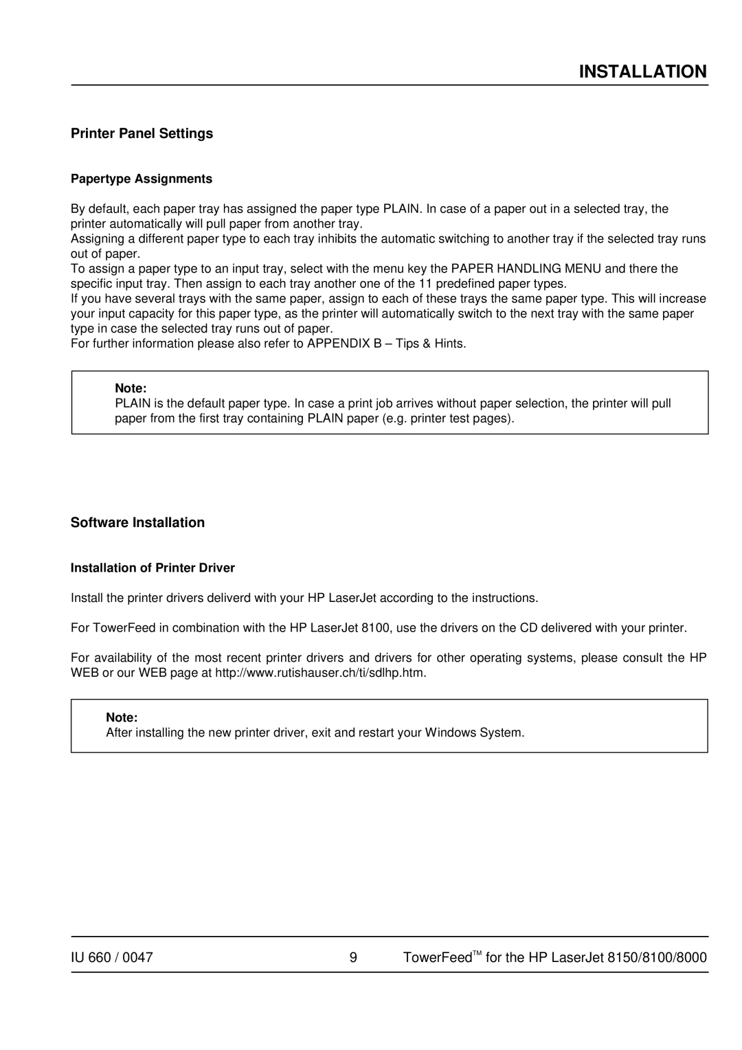 HP Pro 8000, 8100, 8150 manual Papertype Assignments, Installation of Printer Driver 