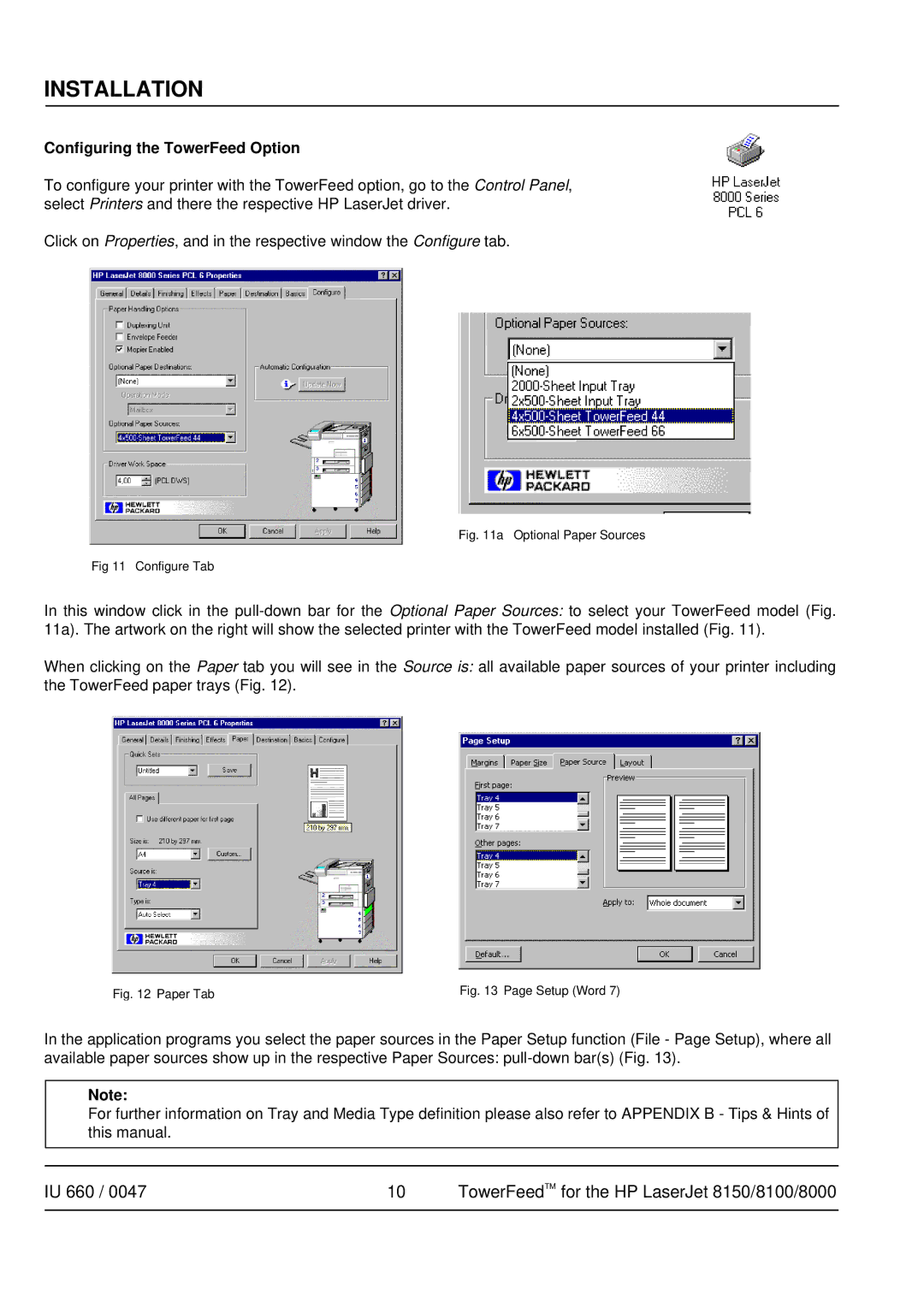 HP 8100, 8150, Pro 8000 manual Configuring the TowerFeed Option, Optional Paper Sources Configure Tab 