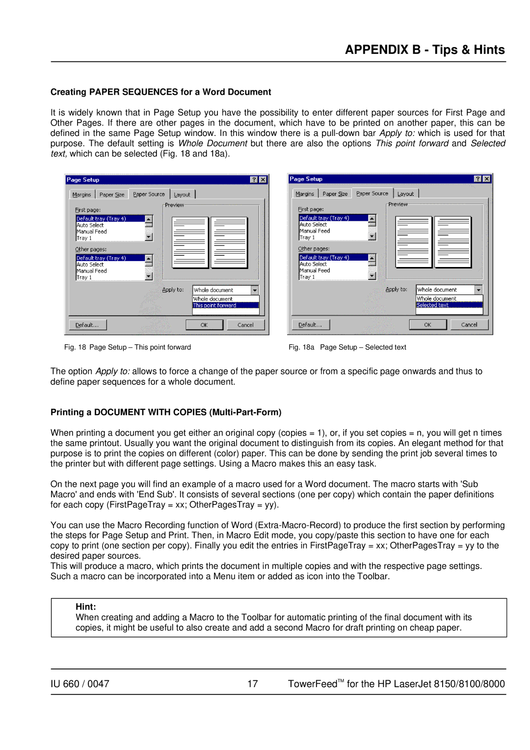 HP 8150, 8100, Pro 8000 Creating Paper Sequences for a Word Document, Printing a Document with Copies Multi-Part-Form, Hint 