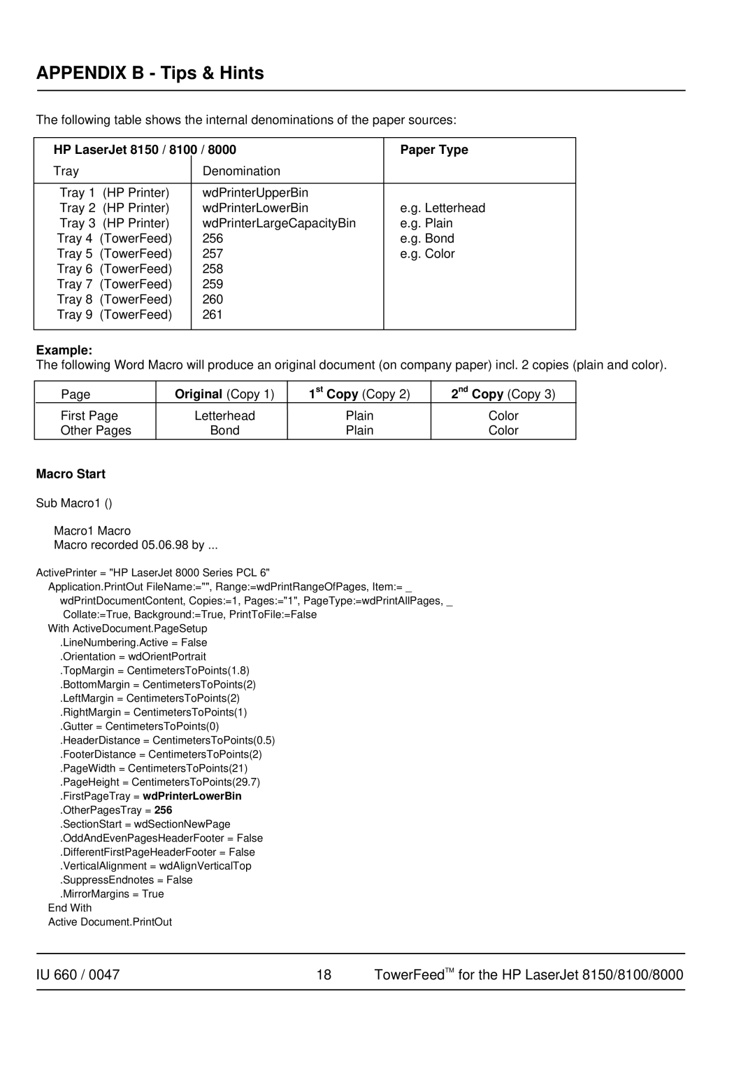 HP Pro 8000 manual HP LaserJet 8150 / 8100 Paper Type, Example, Original Copy, Macro Start 