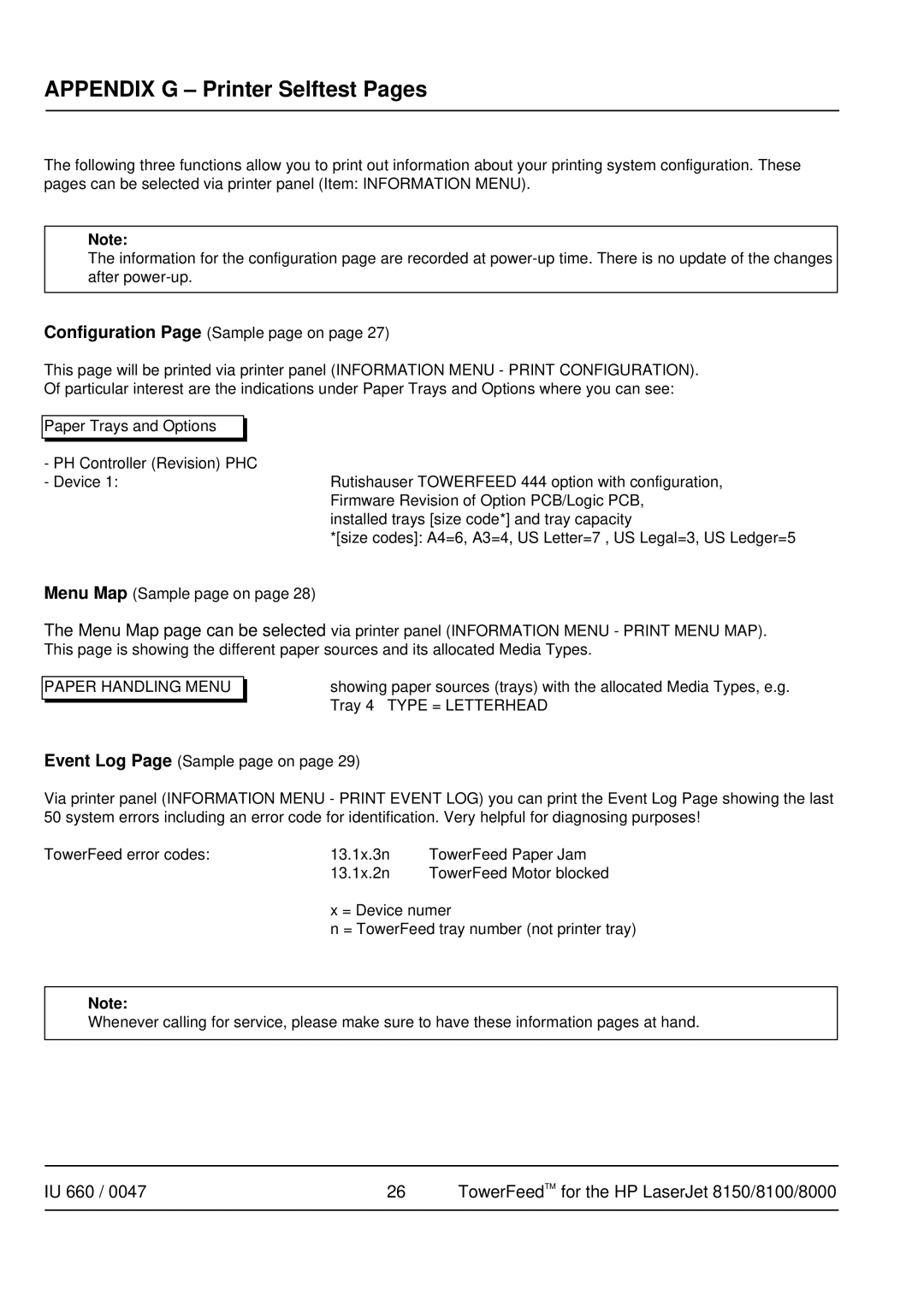 HP 8150, 8100, Pro 8000 manual Appendix G Printer Selftest Pages, Paper Handling Menu 