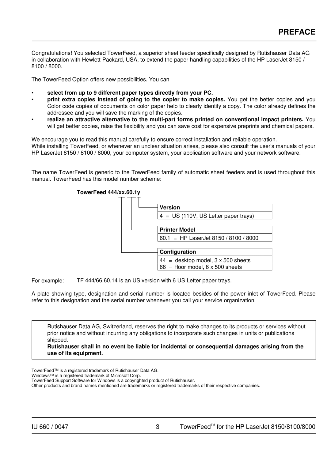 HP Pro 8000, 8100, 8150 manual Preface, TowerFeed 444/xx.60.1y Version, Printer Model, Configuration 